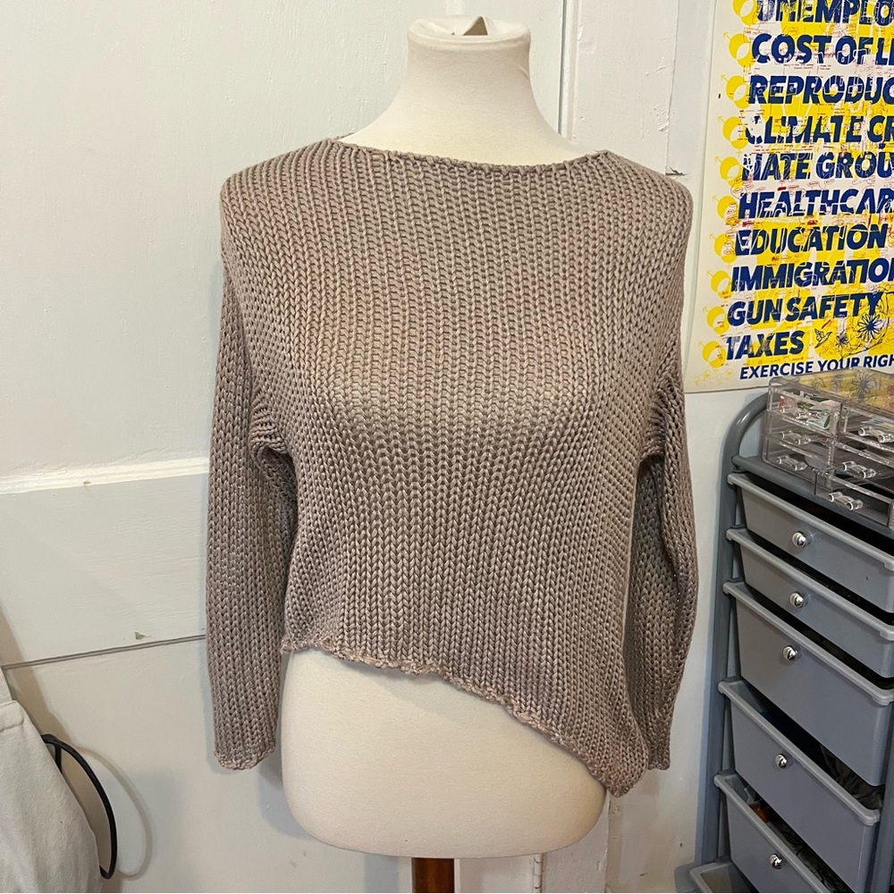 tan off the shoulder asymmetrical knit long sleeve